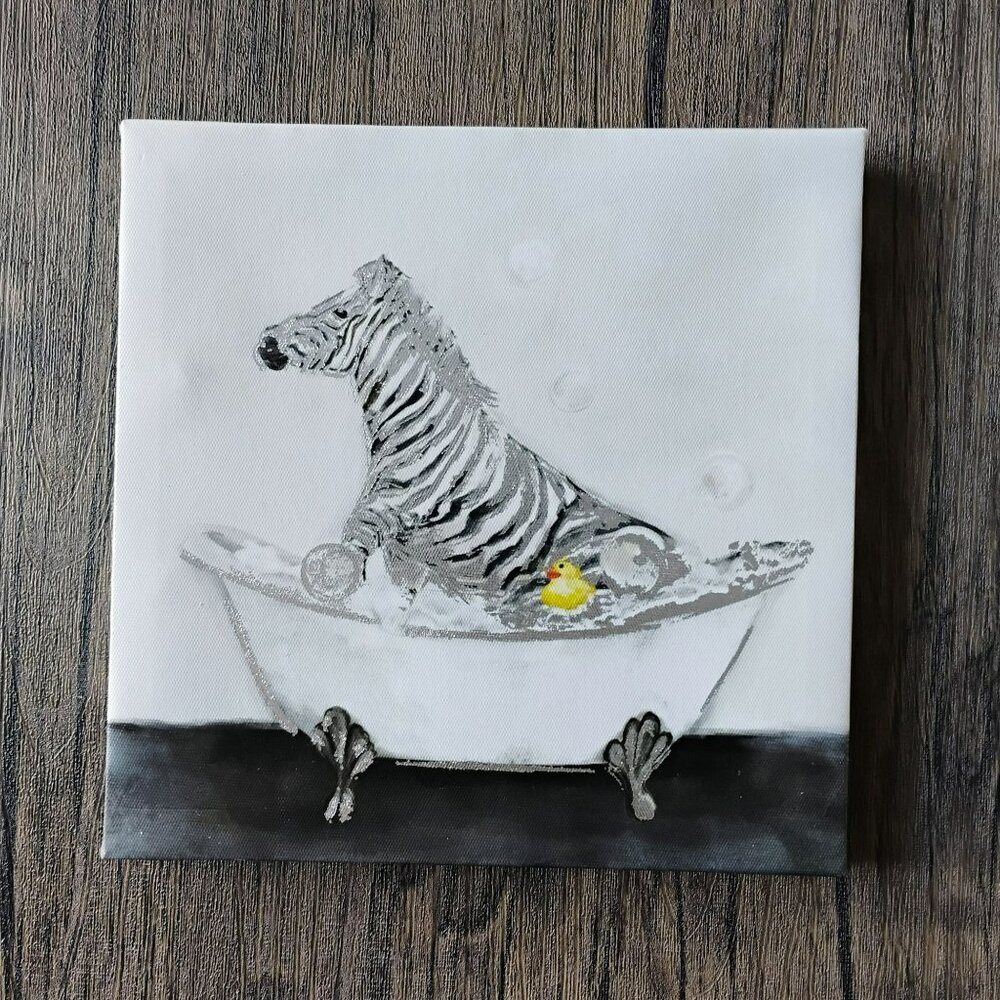 Zebra In Bathtub Canvas Wall Art, 8x8 Inches, Horse w Rubber Duck, Safari Decor